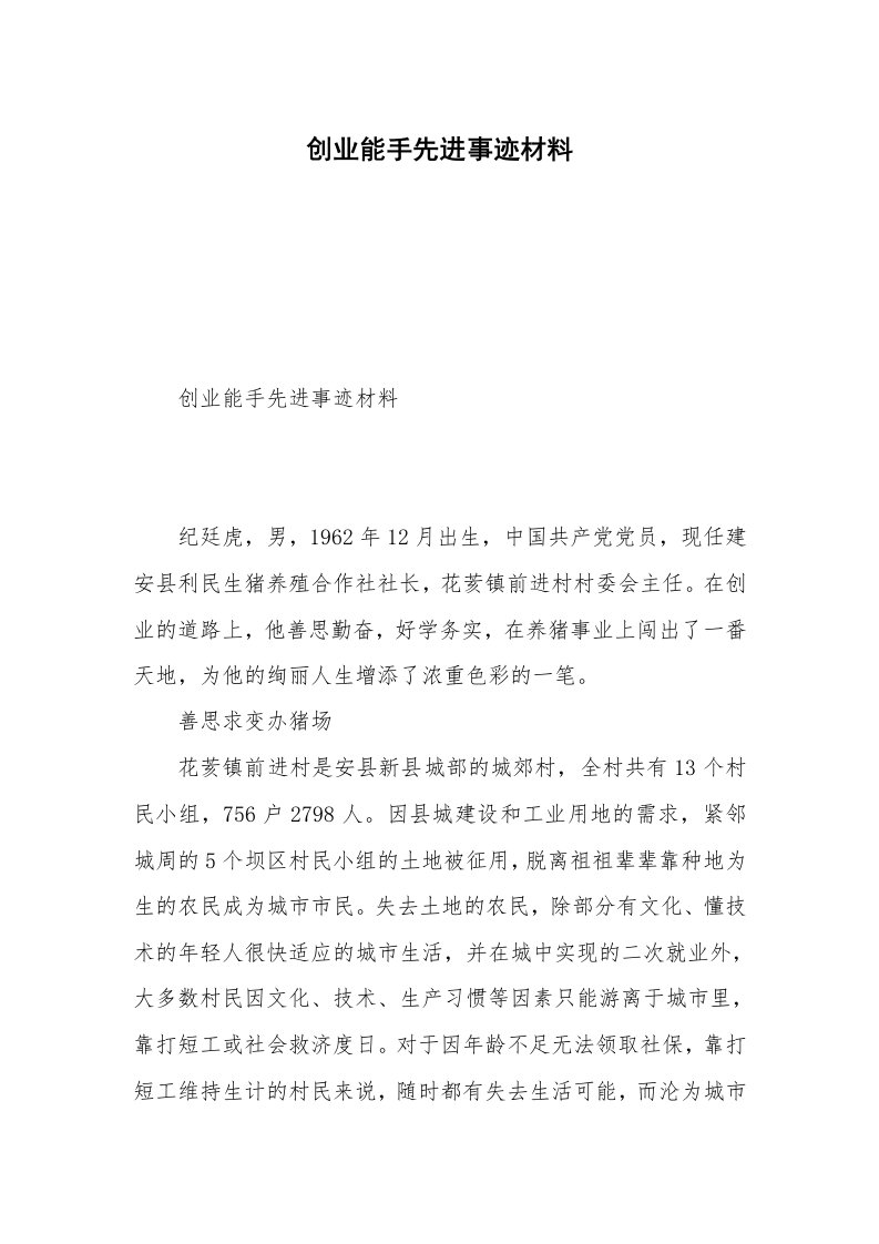 创业能手先进事迹材料