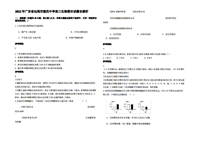 2022年广东省汕尾市莲花中学高三生物期末试题含解析