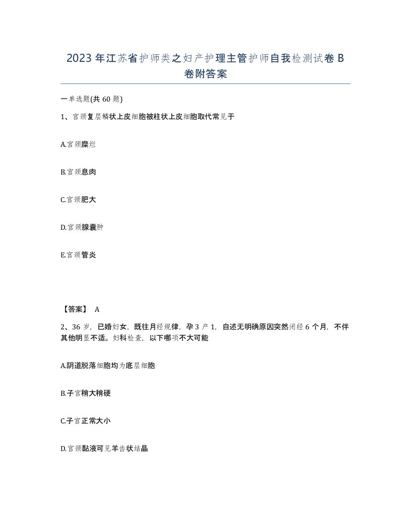 2023年江苏省护师类之妇产护理主管护师自我检测试卷B卷附答案