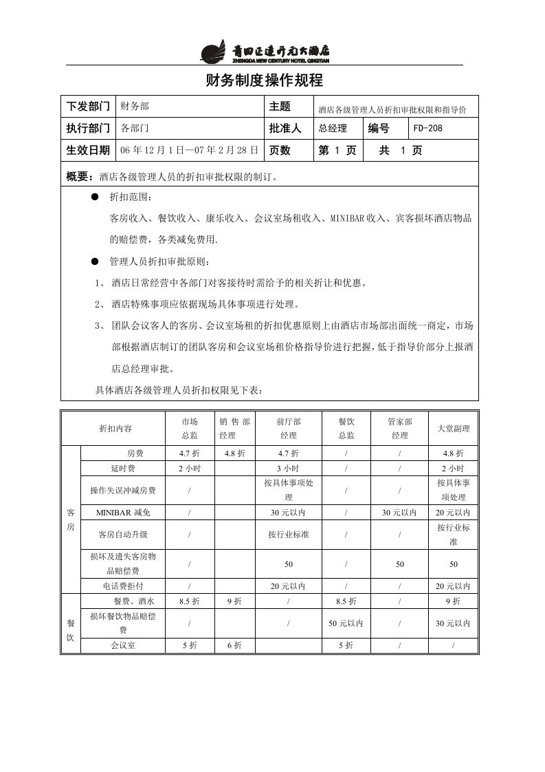 酒店各级管理人员折扣审批权限(新)