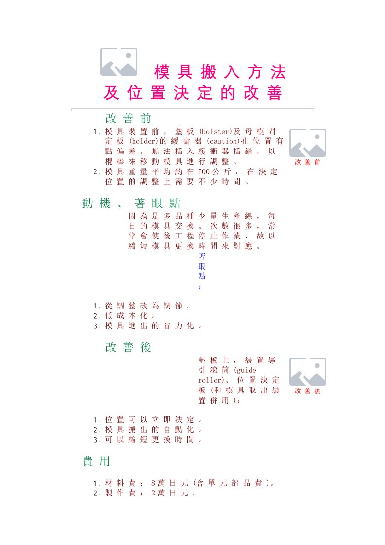 《深圳田丰盛(注塑件)公司检验标准与作业规范全套》(115个文件)模具搬入方法-作业指导