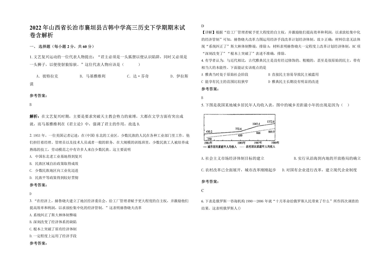 2022年山西省长治市襄垣县古韩中学高三历史下学期期末试卷含解析