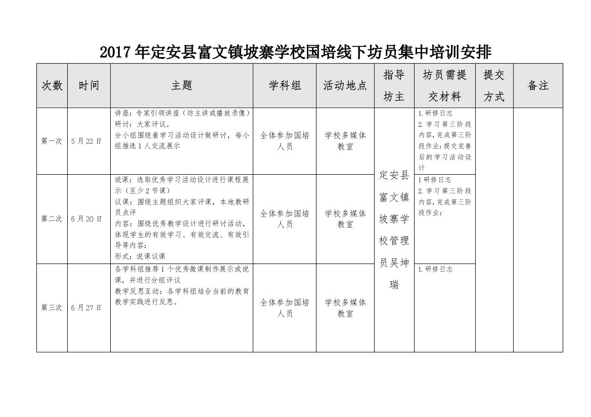 2017年定安县富文镇坡寨学校国培线下活动安排