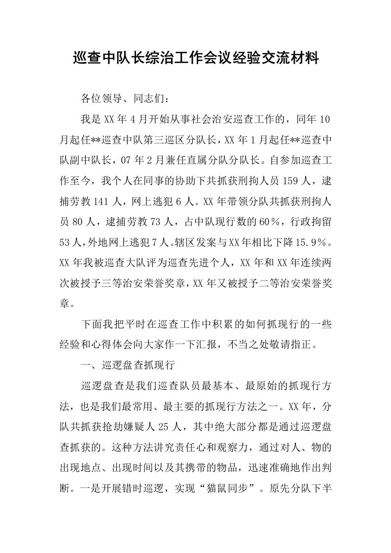 巡查中队长综治工作会议经验交流材料.docx