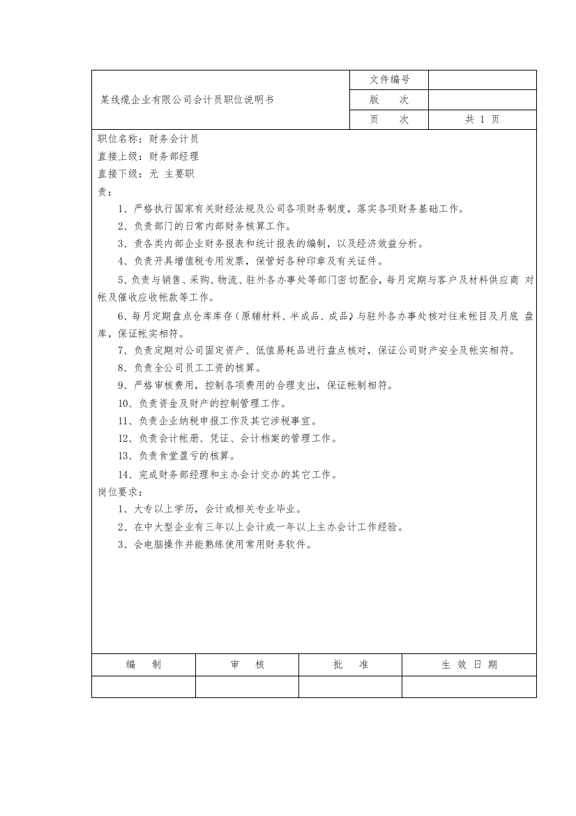 某线缆企业有限公司会计员职位说明书