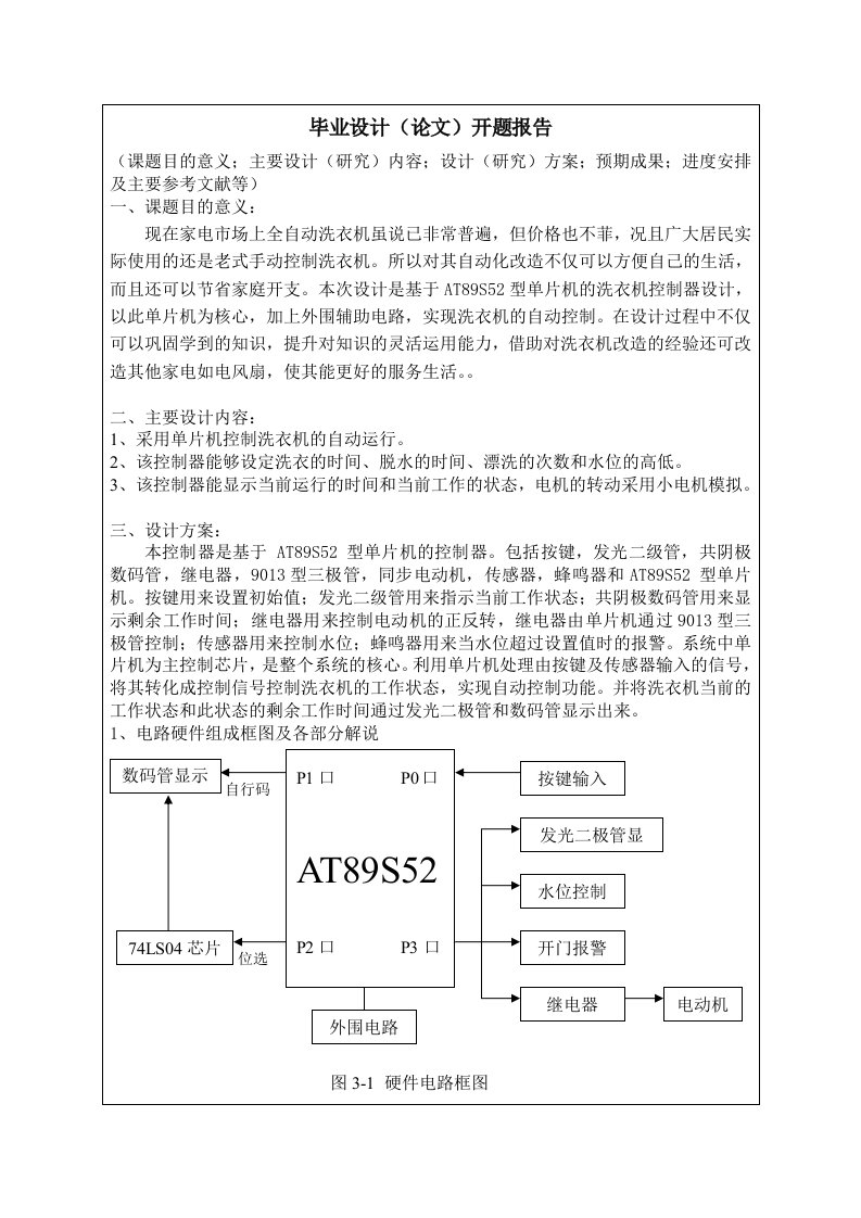 基于单片机的洗衣机自动控制器设计开题报告