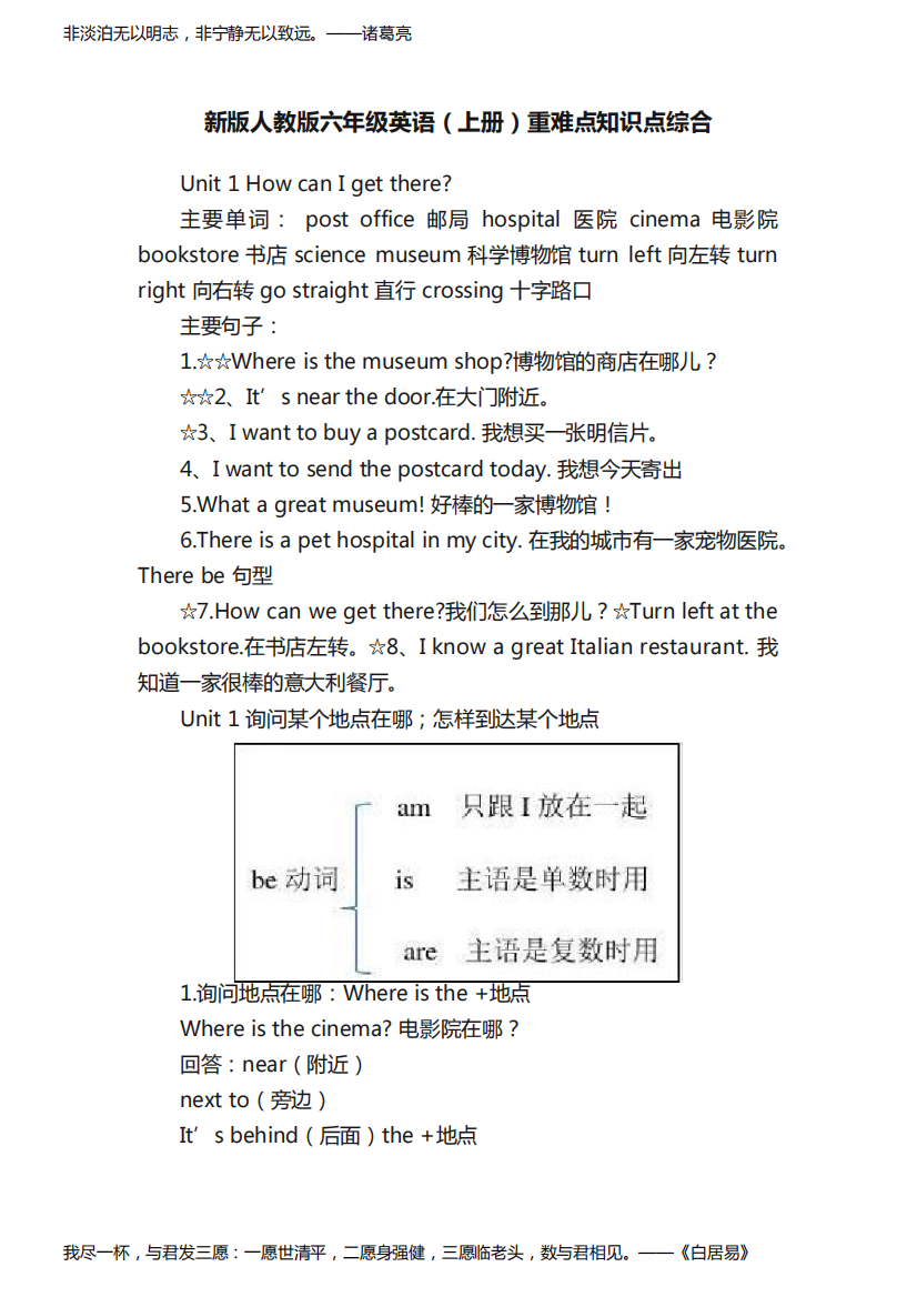 新版人教版六年级英语（上册）重难点知识点综合