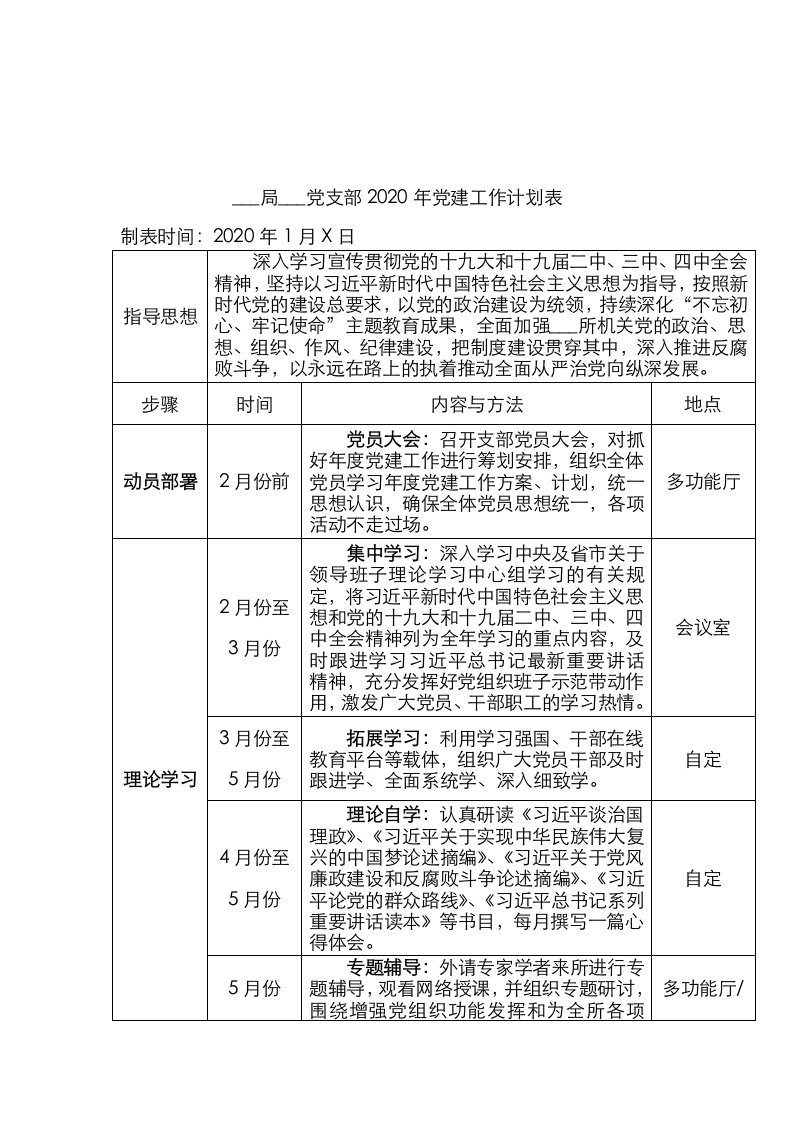 2020党支部党建工作计划表