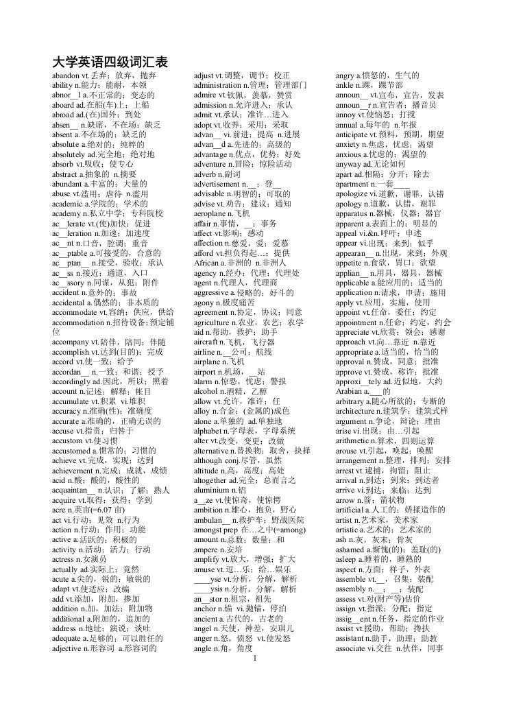 大学英语四级词汇表(10)