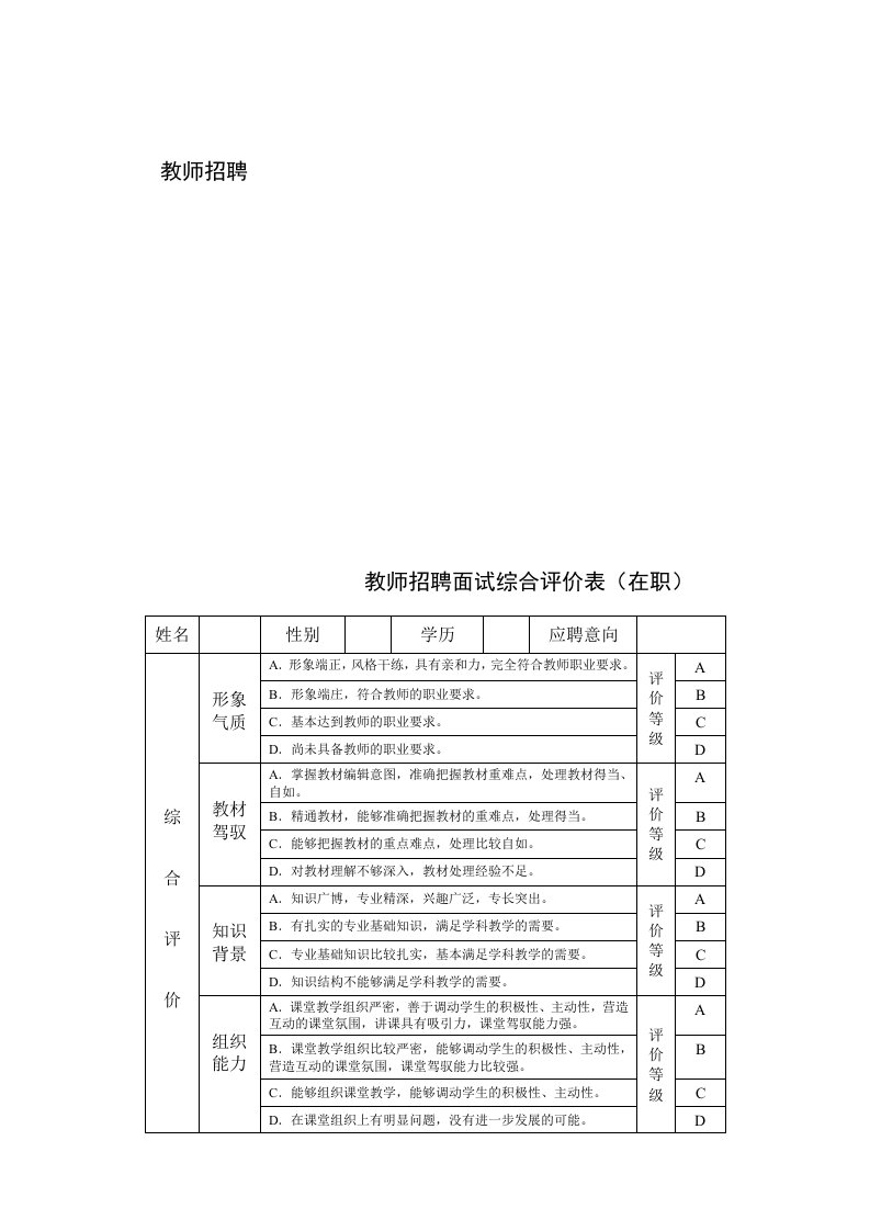 教师招聘面试综合评价表在职