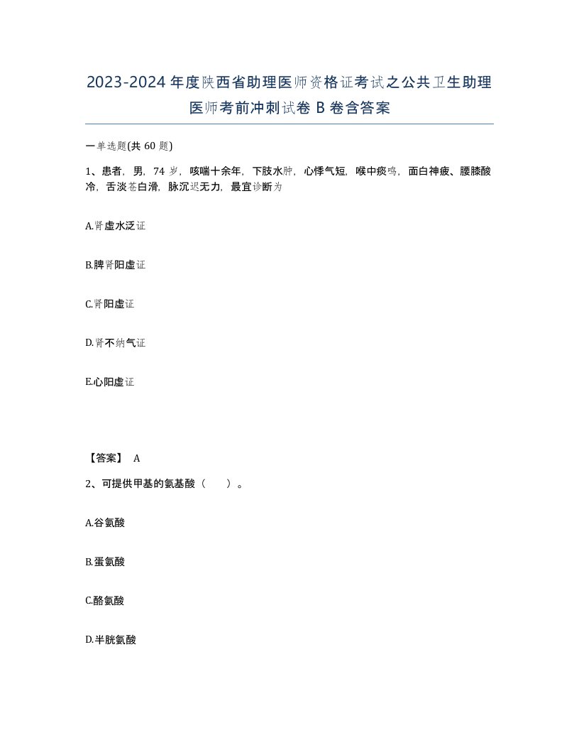 2023-2024年度陕西省助理医师资格证考试之公共卫生助理医师考前冲刺试卷B卷含答案