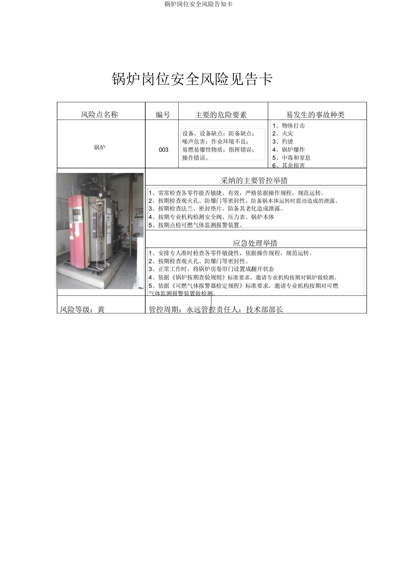 锅炉岗位安全风险告知卡