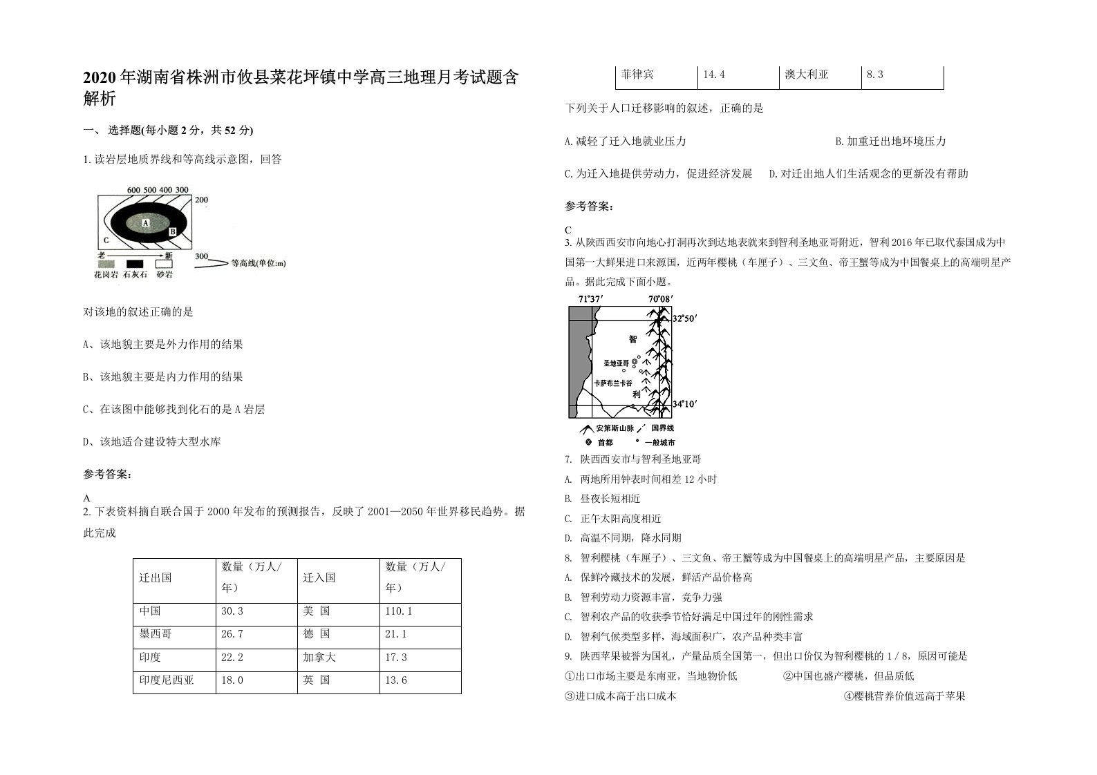 2020年湖南省株洲市攸县菜花坪镇中学高三地理月考试题含解析