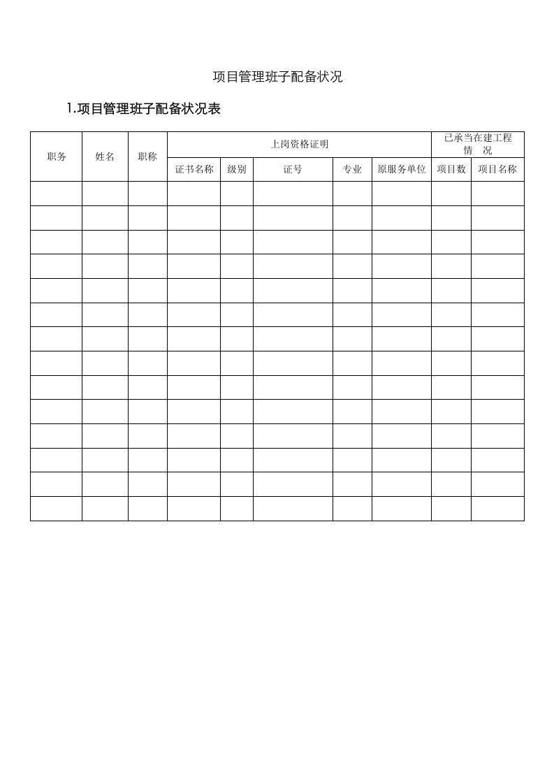 专项项目管理班子人员配备表及相关说明