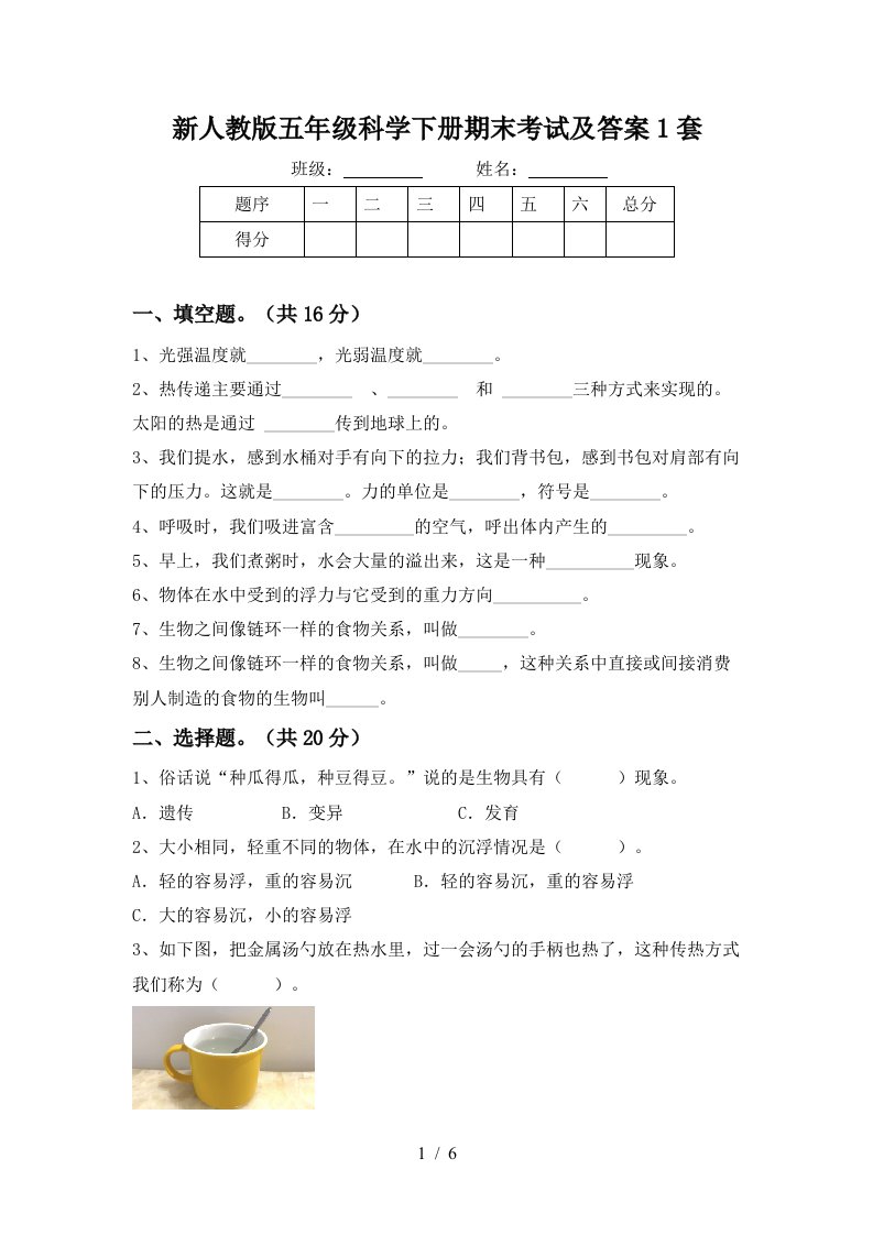 新人教版五年级科学下册期末考试及答案1套