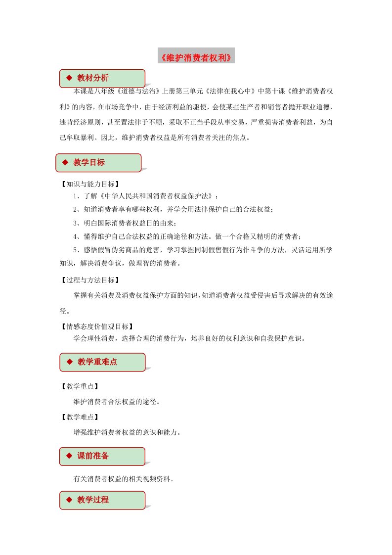 八年级道德与法治上册第三单元法律在我心中第十课维护消费者权利教学设计人民版