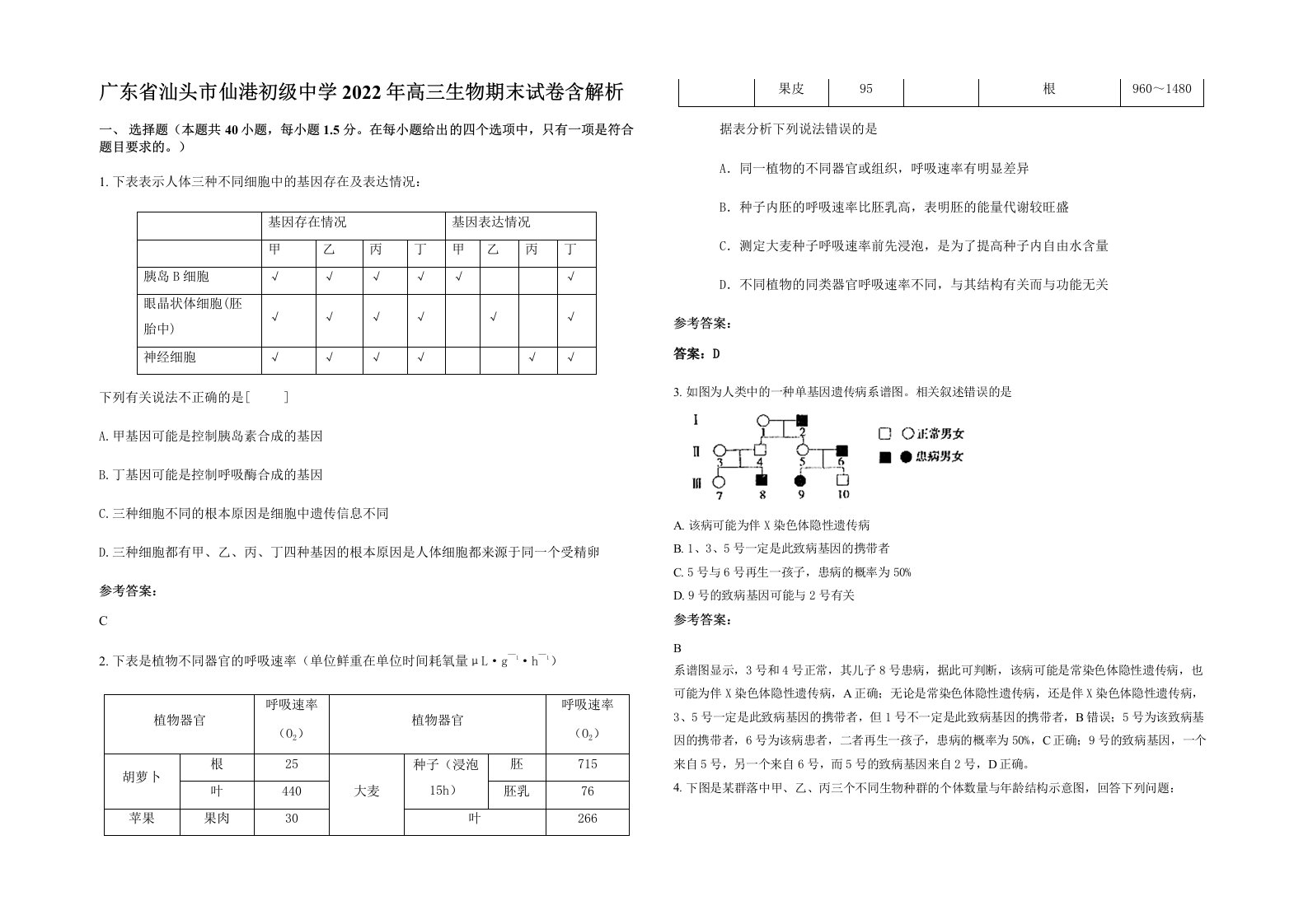 广东省汕头市仙港初级中学2022年高三生物期末试卷含解析