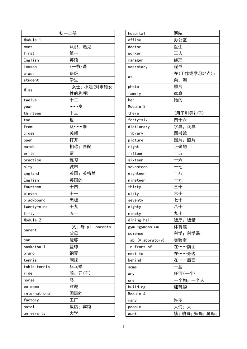 外研社初中英语单词表(可供默写用)