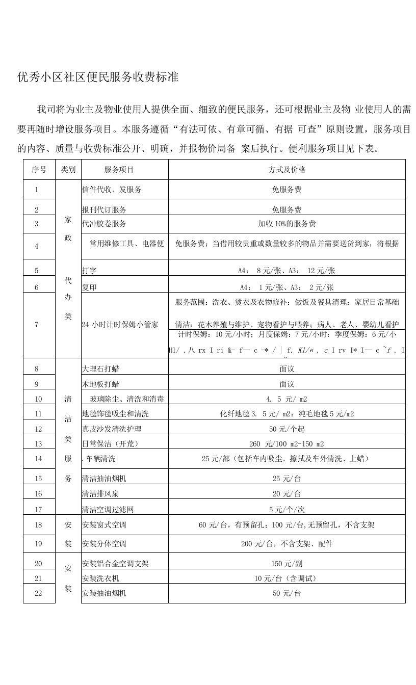 优秀小区社区便民服务收费标准