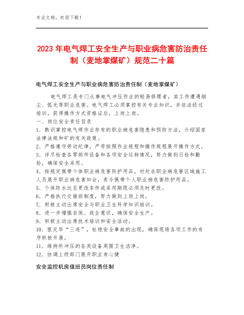 2023年电气焊工安全生产与职业病危害防治责任制（麦地掌煤矿）规范二十篇