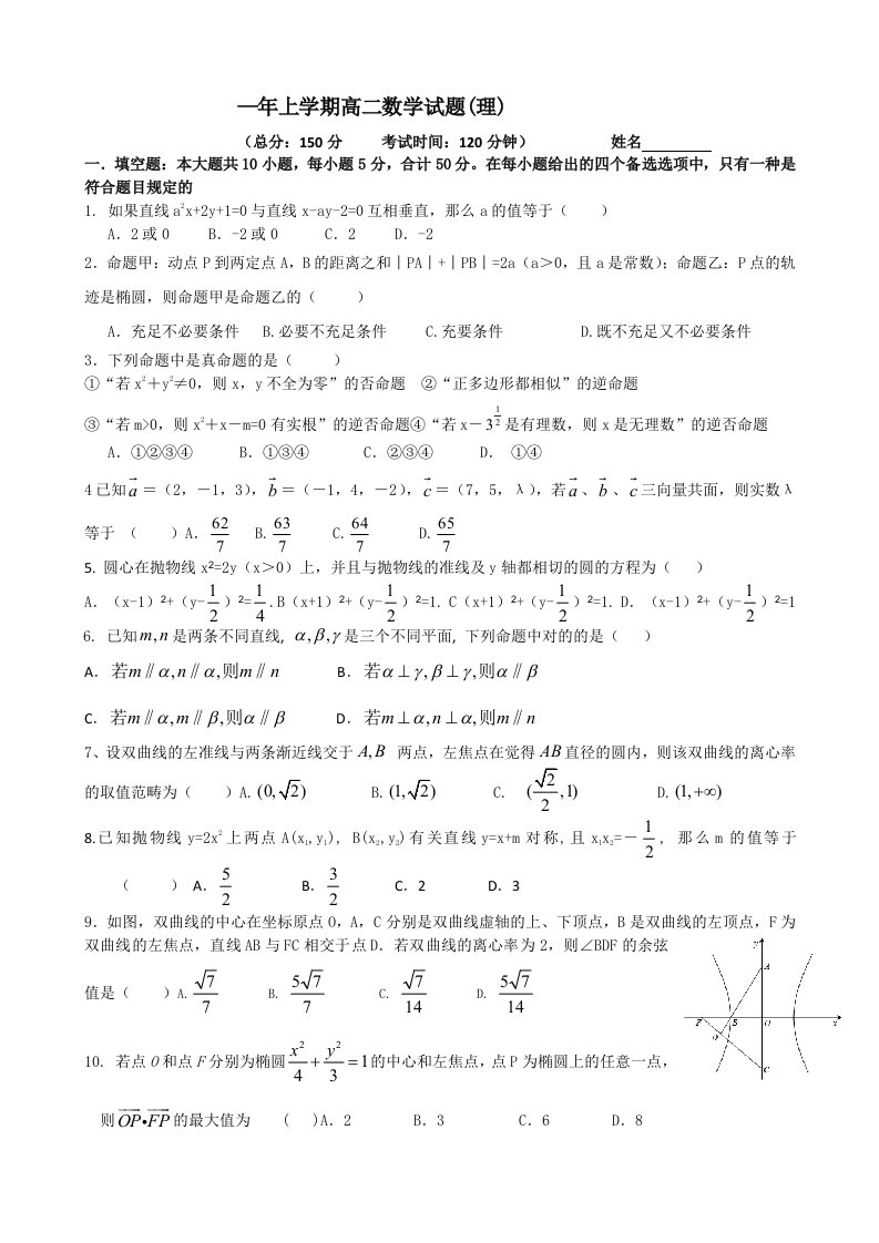 高二上数学期末考试模拟试题理