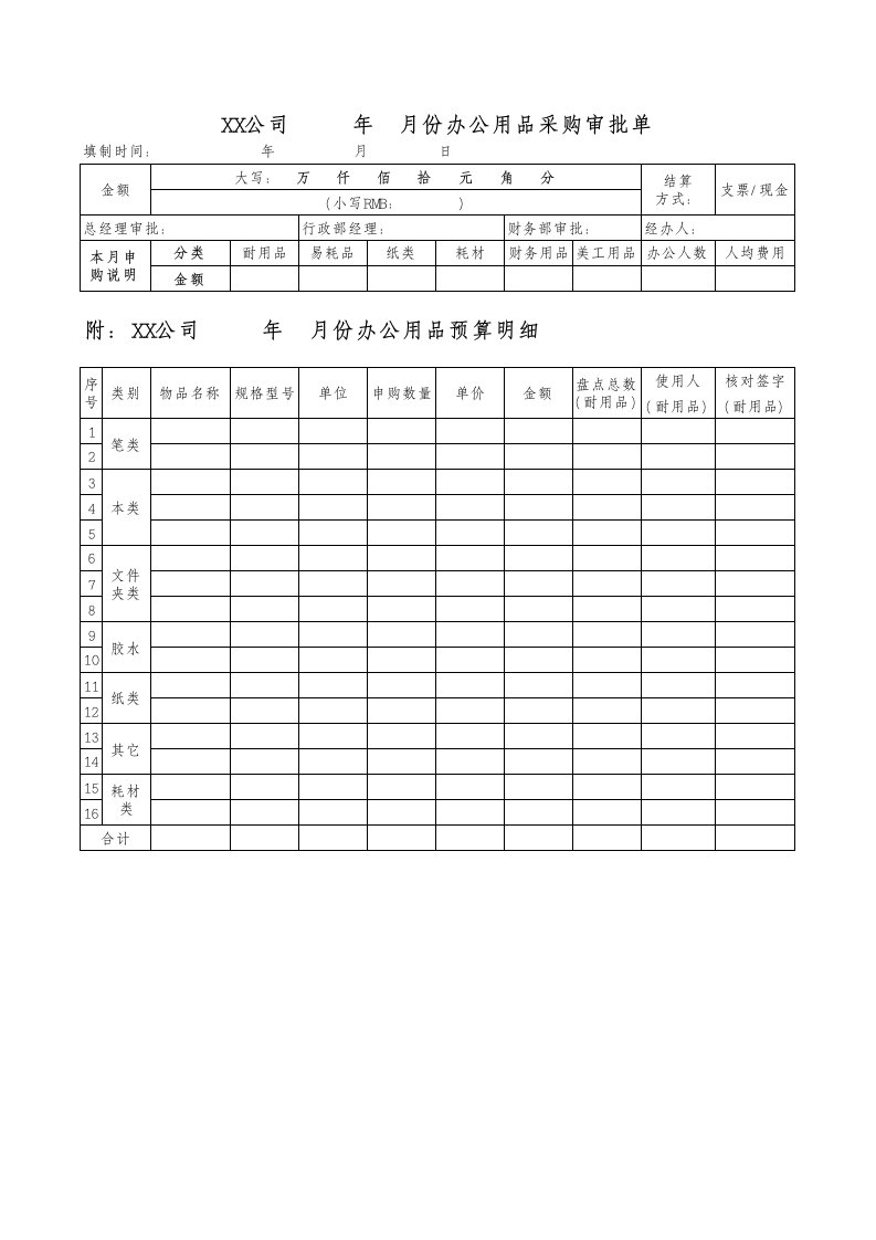 办公用品申购表