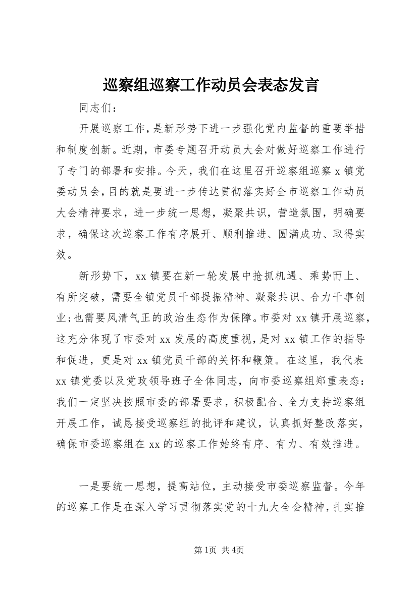 巡察组巡察工作动员会表态发言