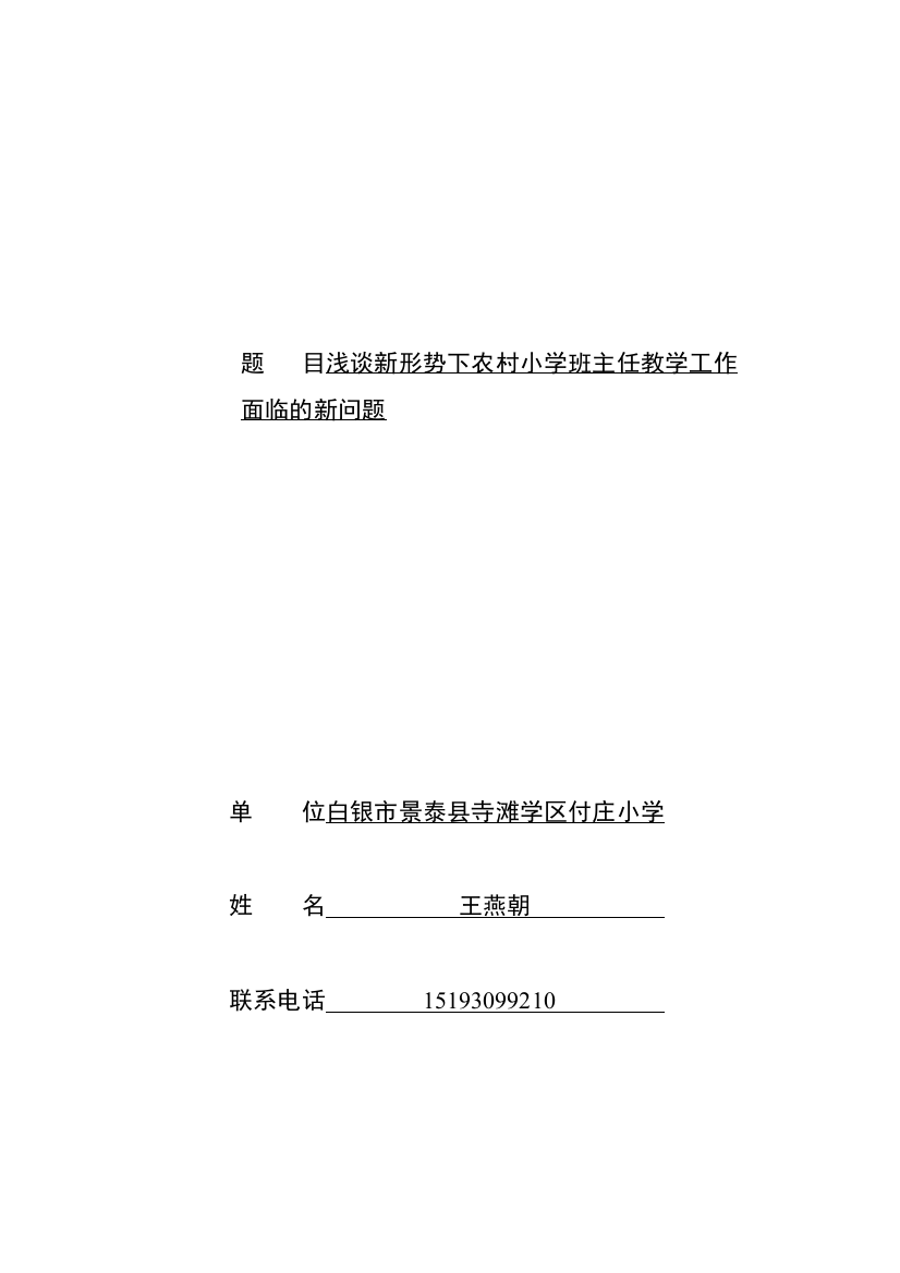 浅谈新形势下农村小学班主任教学工1