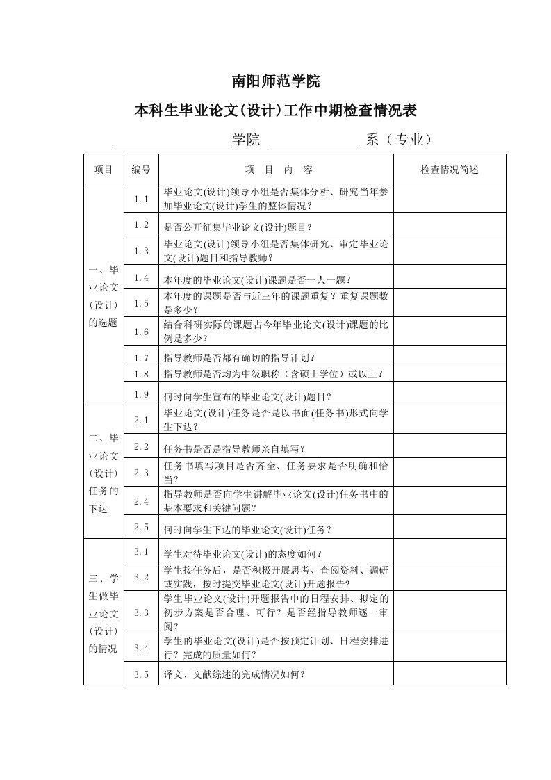 本科生毕业论文(设计)工作中期检查情况表