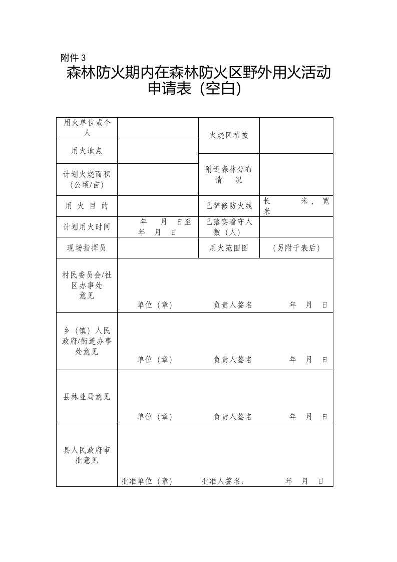 野外用火申请表空白