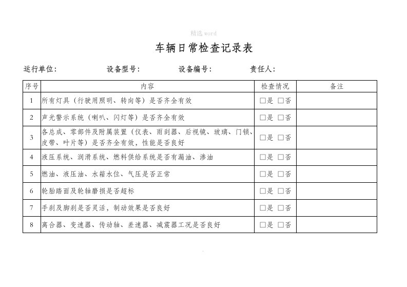 车辆检查记录表(日检)