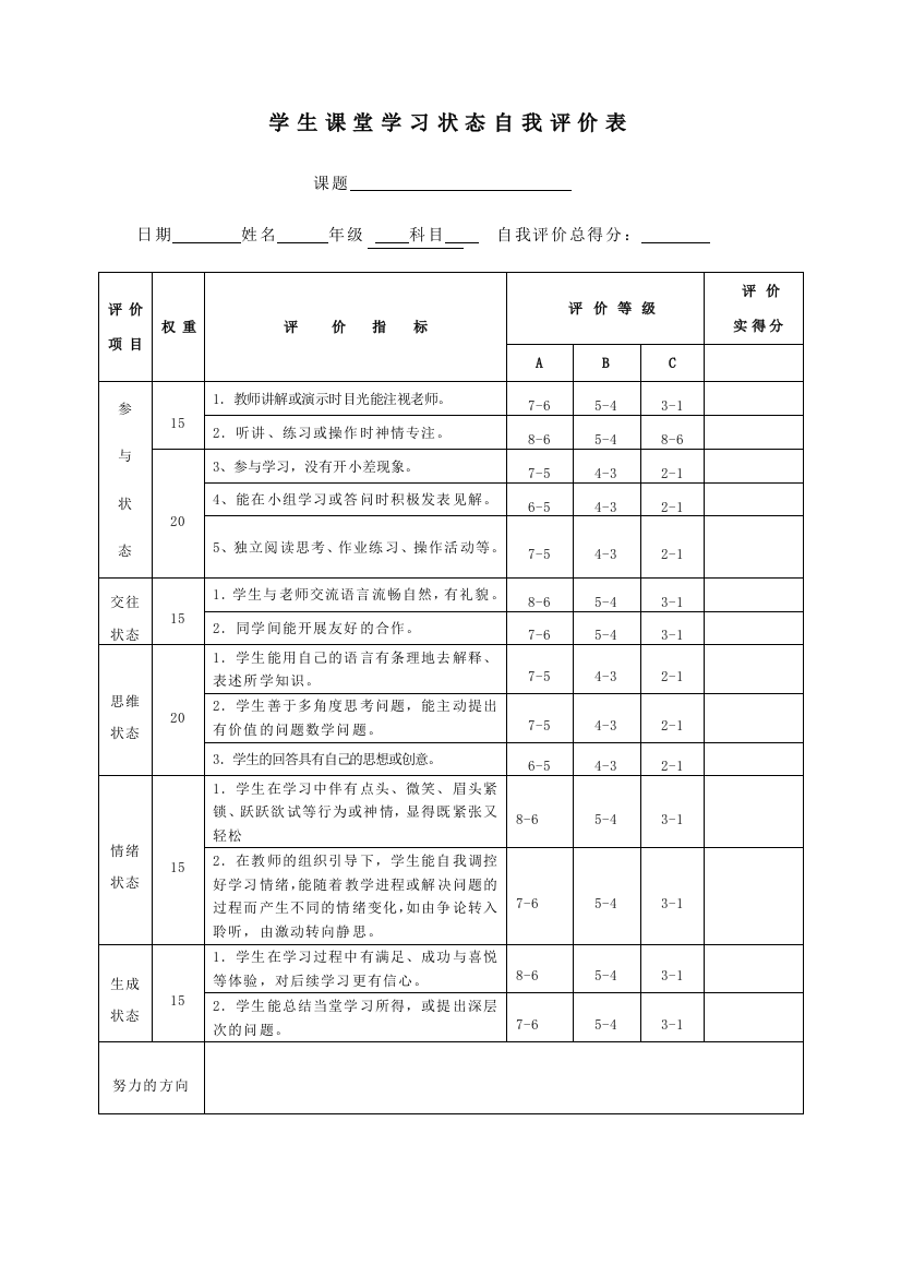 学生课堂学习状态评价表