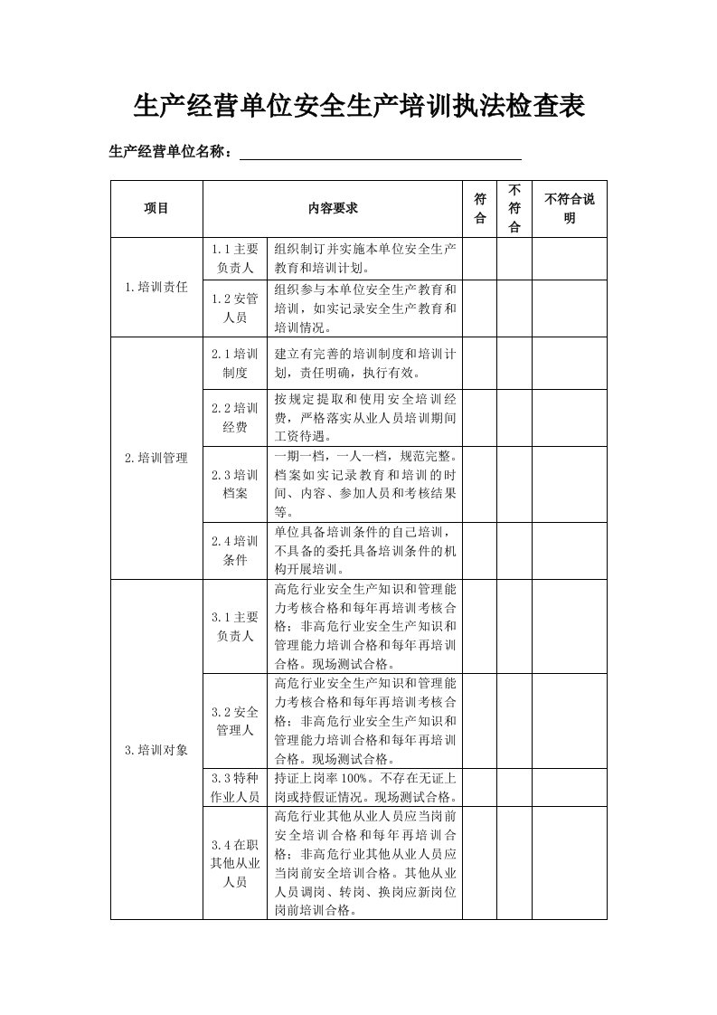 生产经营单位安全生产培训执法检查表