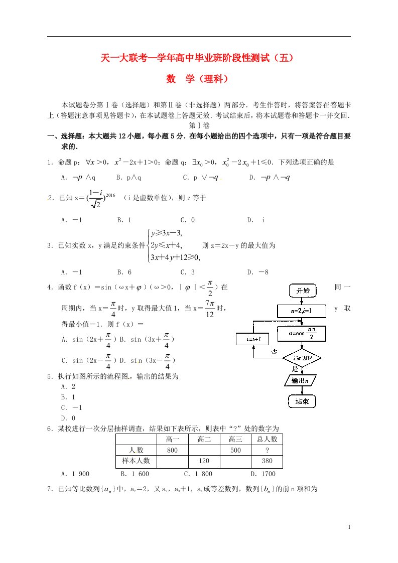 河南省天一大联考高三数学阶段性测试试题B卷（五）理