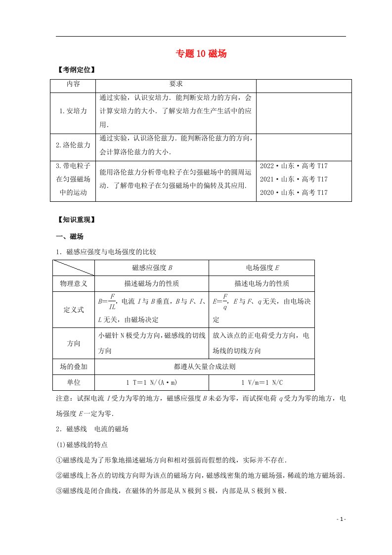 山东专用2020_2022三年高考物理真题分项汇编专题10磁场