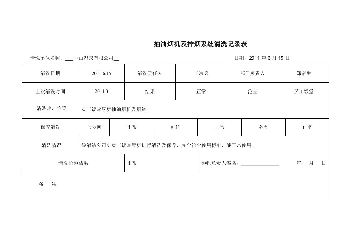 抽油烟机清洗记录表