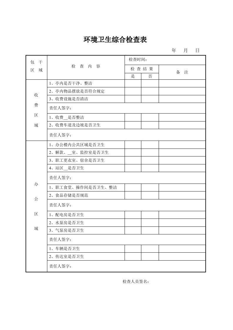 收费站卫生检查记录表