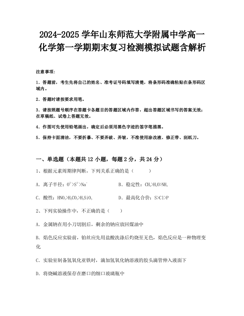 2024-2025学年山东师范大学附属中学高一化学第一学期期末复习检测模拟试题含解析