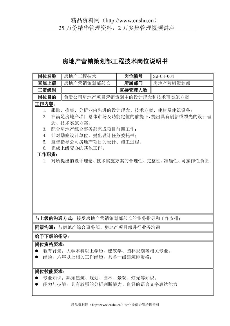 三木集团房地产营销策划部工程技术岗位说明书