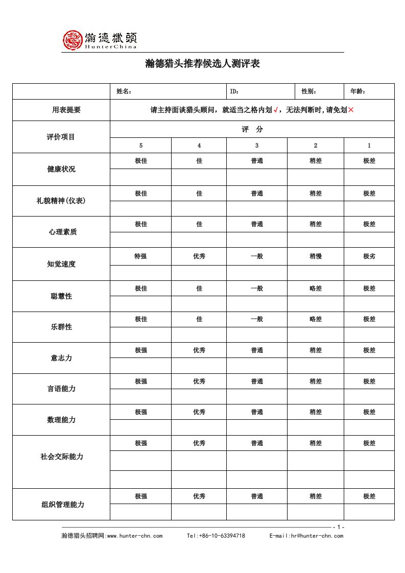 4猎头(中国)推荐候选人测评表