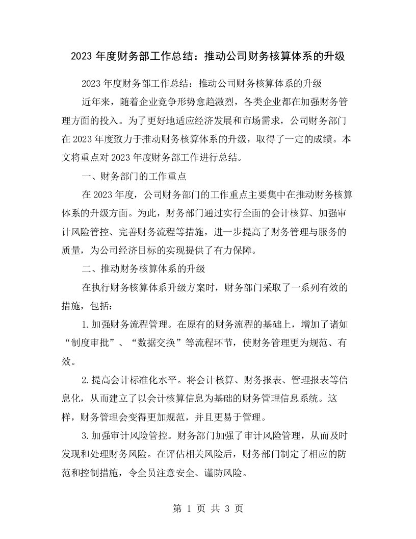 2023年度财务部工作总结：推动公司财务核算体系的升级