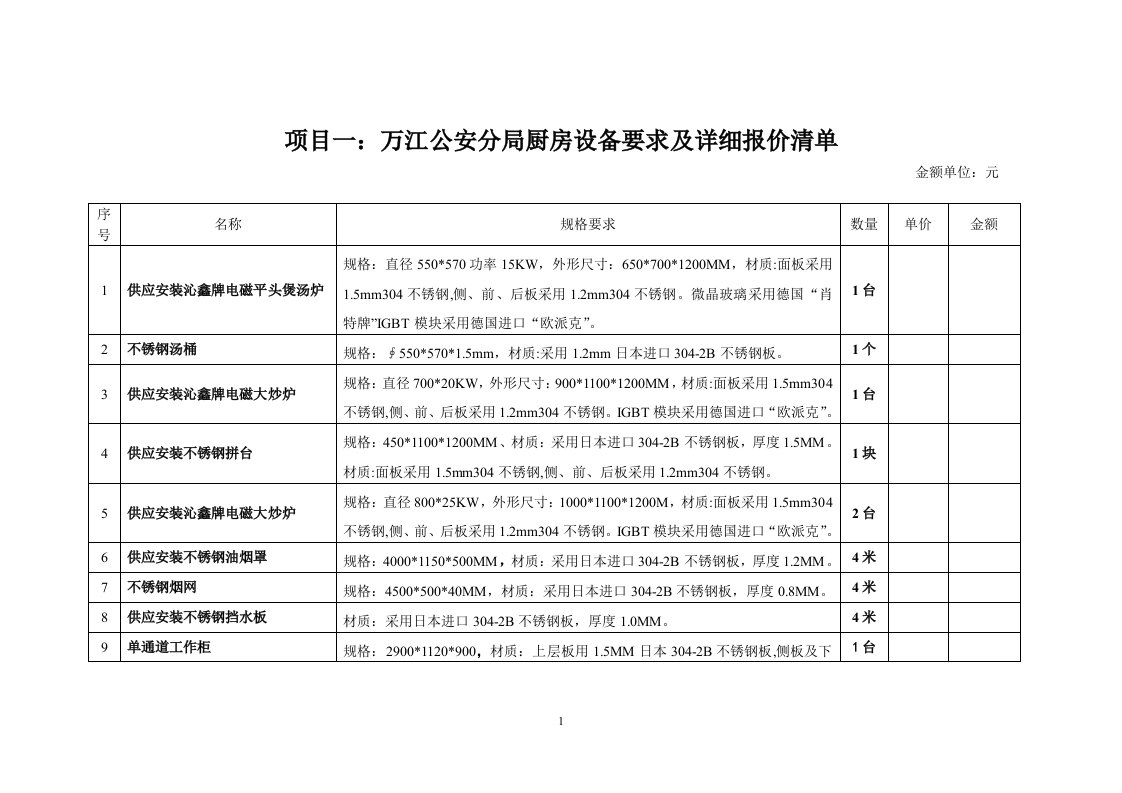 厨房设备要求及详细报价清单