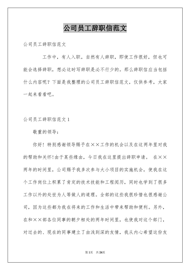 公司员工辞职信范文例文