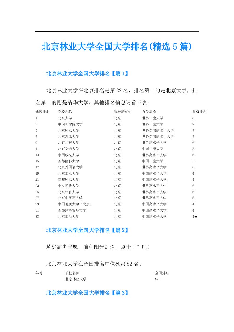 北京林业大学全国大学排名(精选5篇)