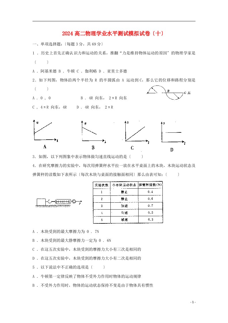 2024学年高二物理学业水平测试模拟试题(十)-新、人教版