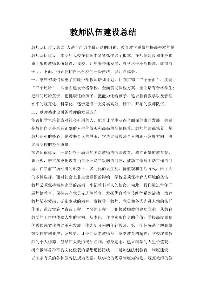 教师队伍建设总结