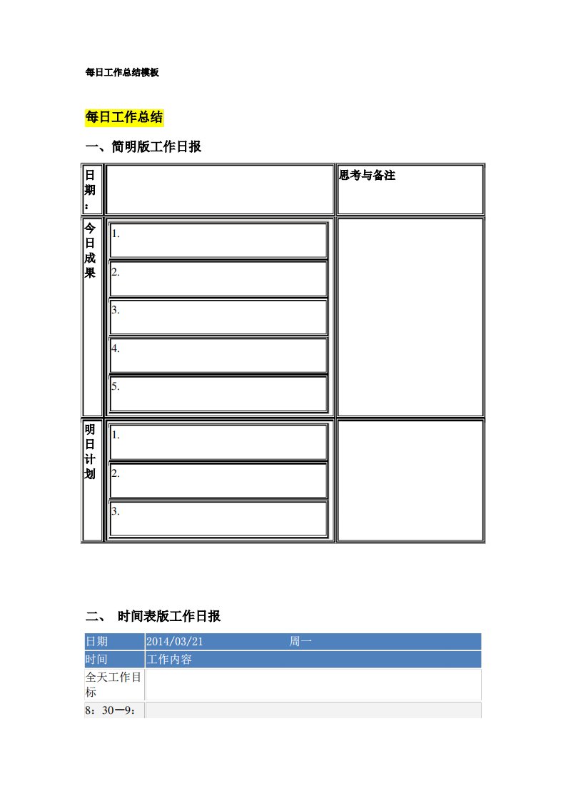 每日工作总结模板