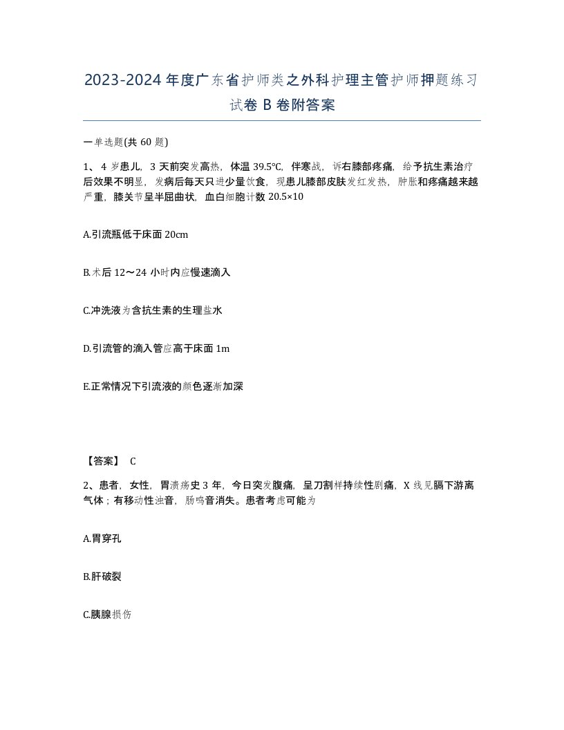 2023-2024年度广东省护师类之外科护理主管护师押题练习试卷B卷附答案