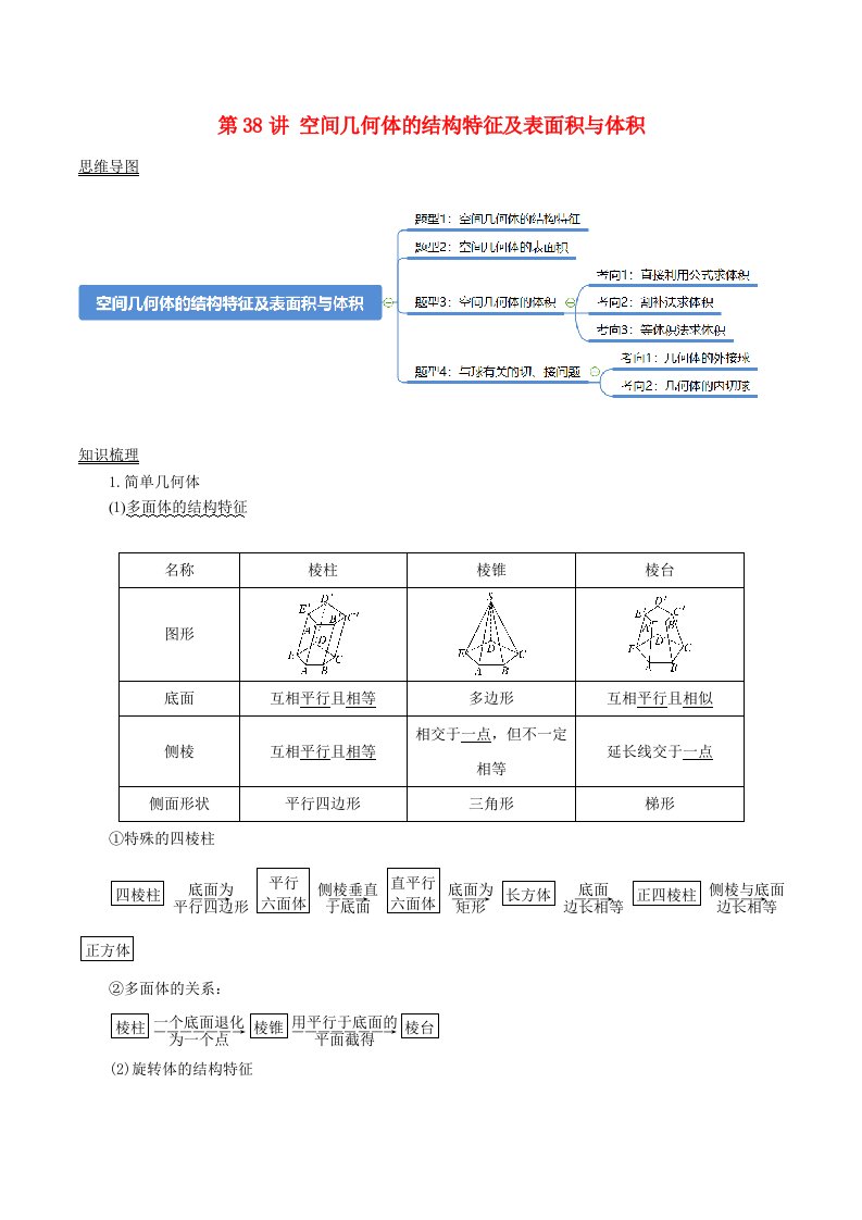 2024年新高考数学一轮复习知识梳理与题型归纳第38讲空间几何体的结构特征及表面积与体积学生版