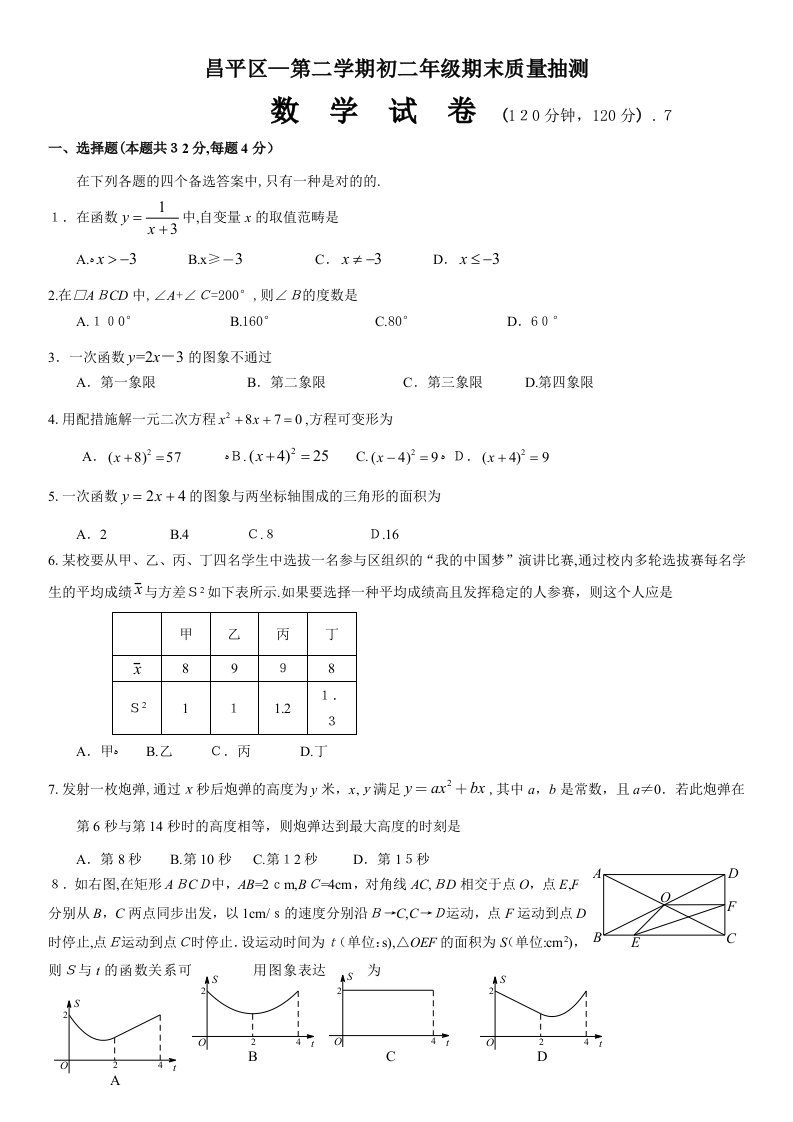 北京市昌平区-第二学期初二年级期末质量抽测数学试卷(无答案)